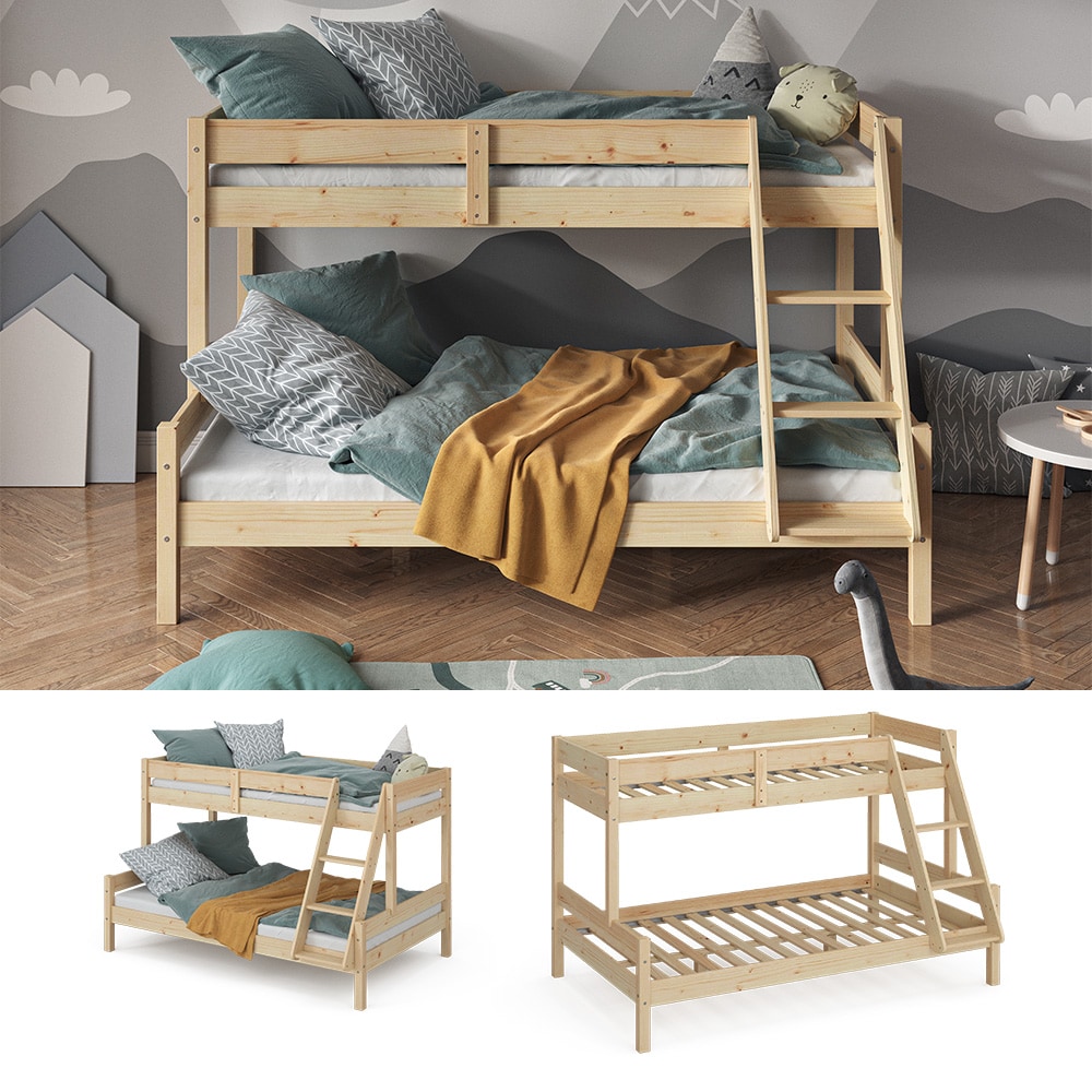 VitaliSpa Hochbett Kinderbett Spielbett Everest Natur modern 120x200 Massivholz Kinderzimmer Bett Lattenrost Bettleiter Kletterbett Doppelbett Geschwisterbett G&auml;stebett Schubladenbett 