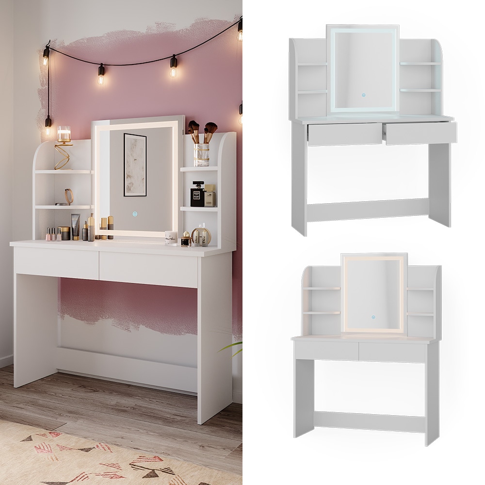 Vicco Schminktisch Frisiertisch Schminkkommode Charlotte Wei&szlig; LED-Spiegel 106x142 cm modern Schlafzimmer Kommode Schublade Ablage Aufbewahrung Kosmetiktisch Schminkkonsole Make-Up-Tisch 