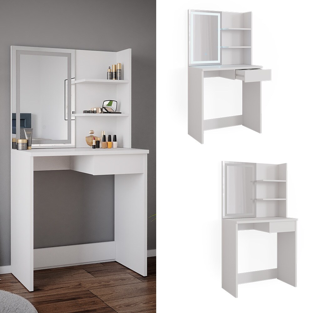 Vicco Schminktisch Frisiertisch Schminkkommode Dekos Wei&szlig; LED-Spiegel 75x142 cm modern Schlafzimmer Kommode Schublade Ablage Aufbewahrung Kosmetiktisch Schminkkonsole Make-Up-Tisch 