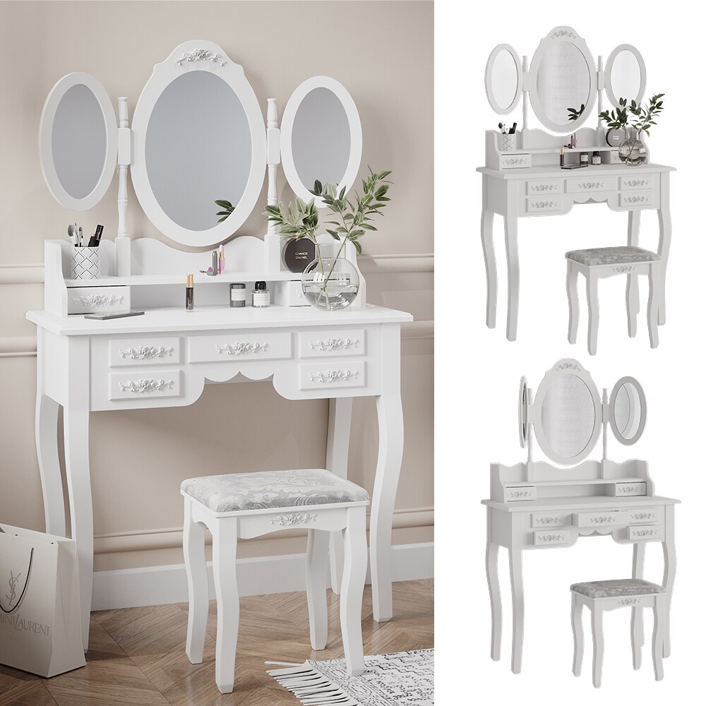 Vicco Schminktisch Frisiertisch Kosmetiktisch Diana Wei&szlig; Schminkspiegel Hocker 85x147 cm Barock Schlafzimmerkommode Schminkkommode Schublade Ablage Aufbewahrung Frisierkommode Make-Up-Tisch 