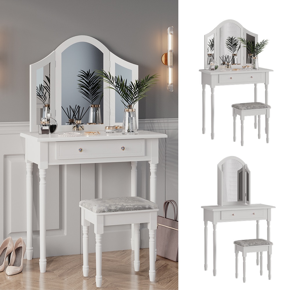 Vicco Schminktisch Frisiertisch Kosmetiktisch Kate Wei&szlig; Schminkspiegel Hocker 80x134 cm Antik Schlafzimmerkommode Schminkkommode Schublade Ablage Aufbewahrung Frisierkommode Make-Up-Tisch - Bild 1