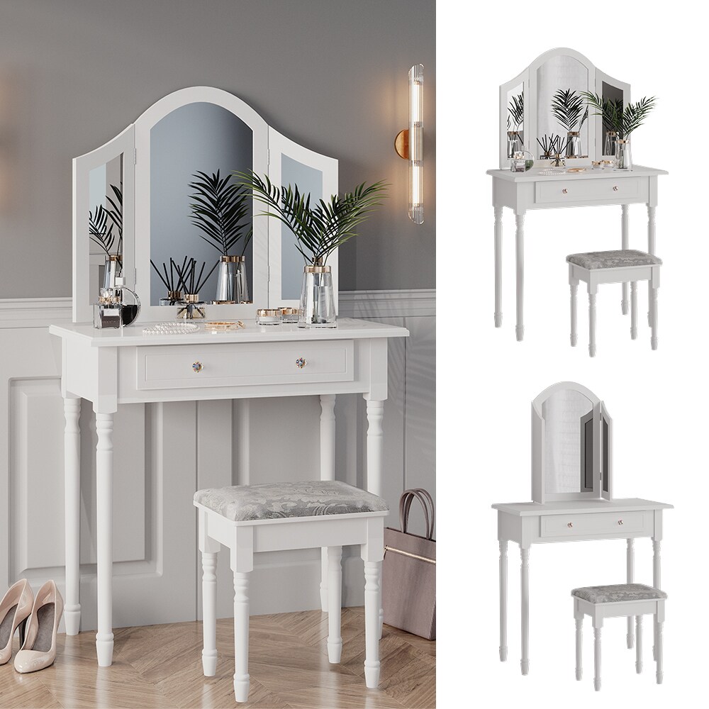 Schminktisch Frisiertisch Kosmetiktisch Kate Weiß Schminkspiegel Hocker 80x134 cm Antik Schlafzimmerkommode Schminkkommode Schublade Ablage Aufbewahrung Frisierkommode Make-Up-Tisch