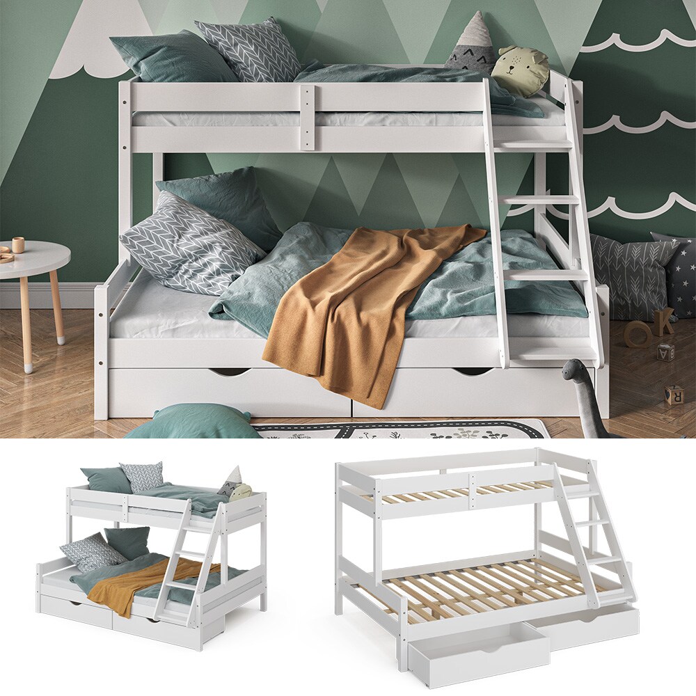 VitaliSpa Hochbett Kinderbett Spielbett Everest Wei&szlig; modern 140x200 Massivholz Kinderzimmer Bett Lattenrost Bettleiter Kletterbett Doppelbett Geschwisterbett Bettschublade Rollschublade 