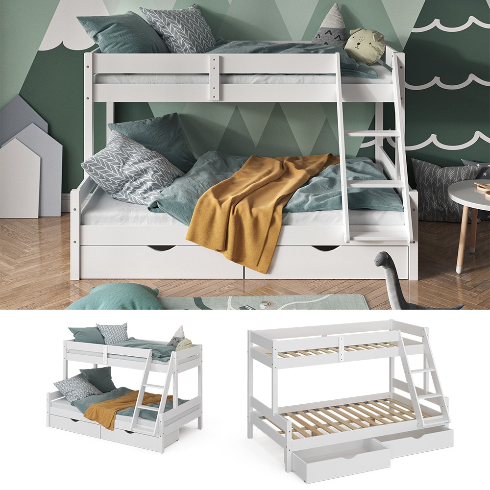 VitaliSpa Hochbett Kinderbett Spielbett Everest Wei&szlig; modern 120x200 Massivholz Kinderzimmer Bett Lattenrost Bettleiter Kletterbett Doppelbett Geschwisterbett Bettschublade Rollschublade 