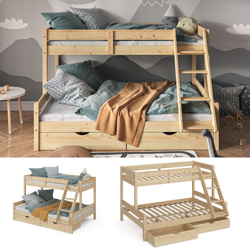 VitaliSpa Hochbett Kinderbett Spielbett Everest Natur modern 140x200 Massivholz Kinderzimmer Bett Lattenrost Bettleiter Kletterbett Doppelbett Geschwisterbett Bettschublade Rollschublade 