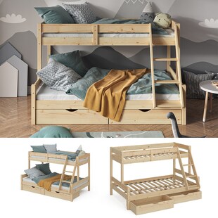 VitaliSpa Hochbett Kinderbett Spielbett Everest Natur modern 120x200 Massivholz Kinderzimmer Bett Lattenrost Bettleiter Kletterbett Doppelbett Geschwisterbett Bettschublade Rollschublade 