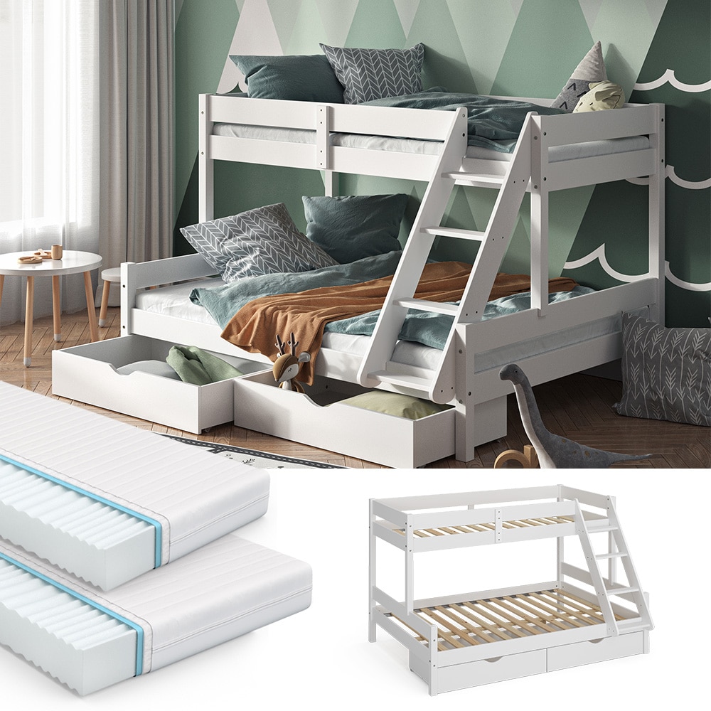 VitaliSpa Hochbett Kinderbett Spielbett Everest Wei&szlig; modern 140x200 Massivholz Kinderzimmer Bett Lattenrost Bettleiter Kletterbett Doppelbett Geschwisterbett Bettschublade Rollschublade Matratze 