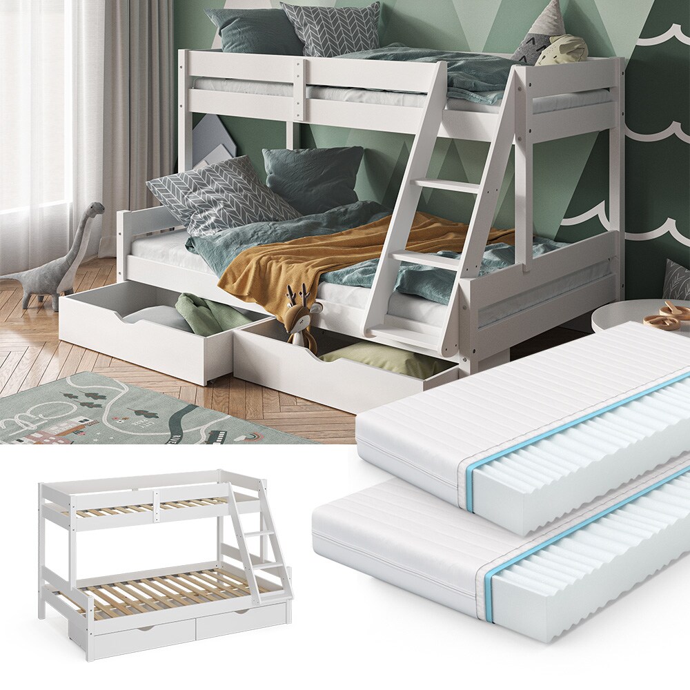 VitaliSpa Hochbett Kinderbett Spielbett Everest Wei&szlig; modern 120x200 Massivholz Kinderzimmer Bett Lattenrost Bettleiter Kletterbett Doppelbett Geschwisterbett Bettschublade Rollschublade Matratze 