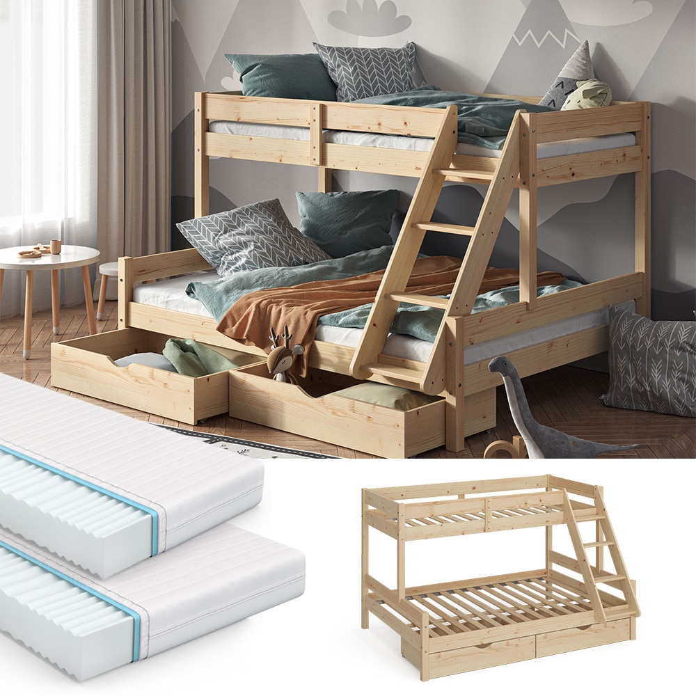 VitaliSpa Hochbett Kinderbett Spielbett Everest Natur modern 140x200 Massivholz Kinderzimmer Bett Lattenrost Bettleiter Kletterbett Doppelbett Geschwisterbett Bettschublade Rollschublade Matratze 