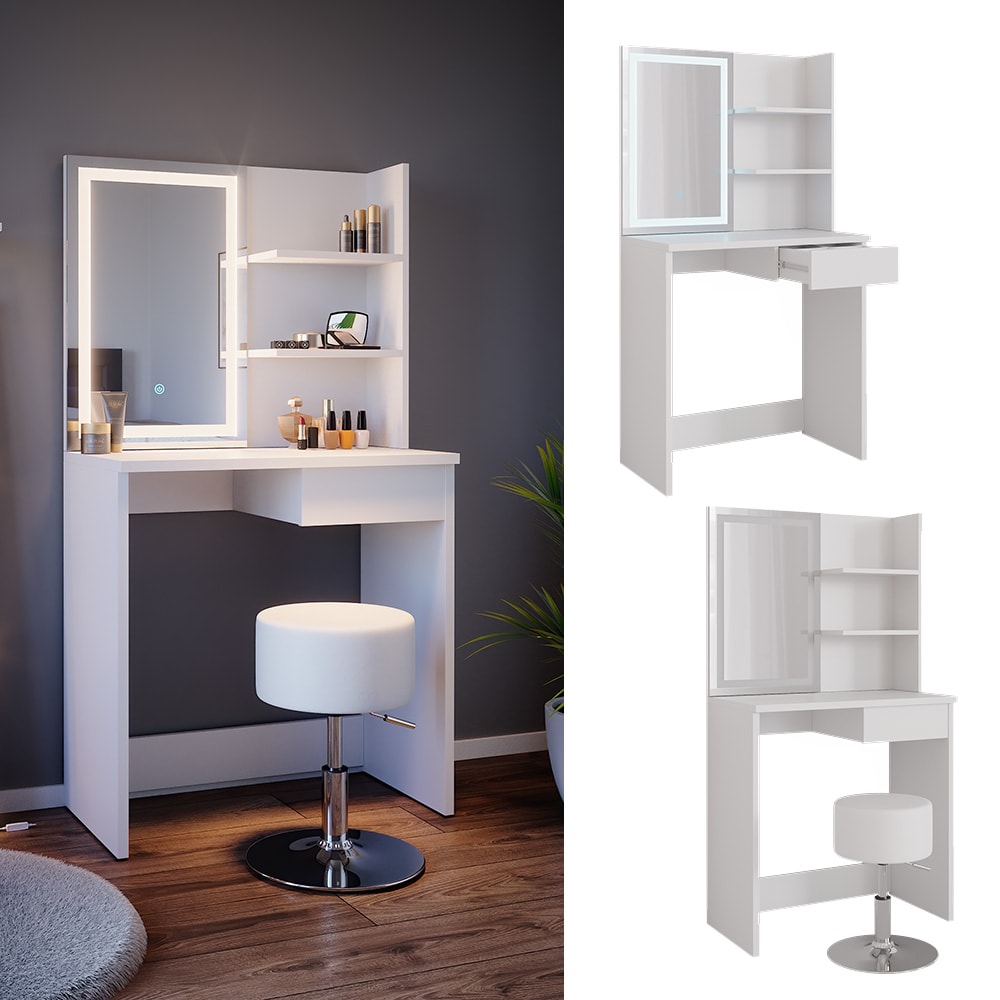 Vicco Schminktisch Frisiertisch Schminkkommode Dekos Wei&szlig; LED-Spiegel Hocker 75x142 cm modern Schlafzimmer Kommode Schublade Ablage Aufbewahrung Kosmetiktisch Schminkkonsole Make-Up-Tisch 