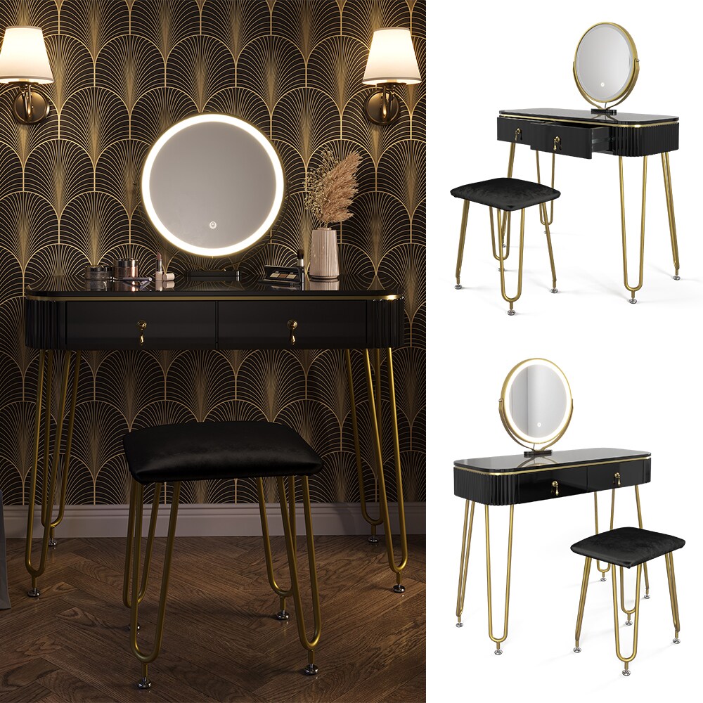 Vicco Schminktisch Frisiertisch Schminkkommode Grace Schwarz Hochglanz LED-Spiegel Hocker 100x126 cm modern Schlafzimmer Kommode Schublade Ablage Aufbewahrung Kosmetiktisch Schminkkonsole Make-Up-Tisch 