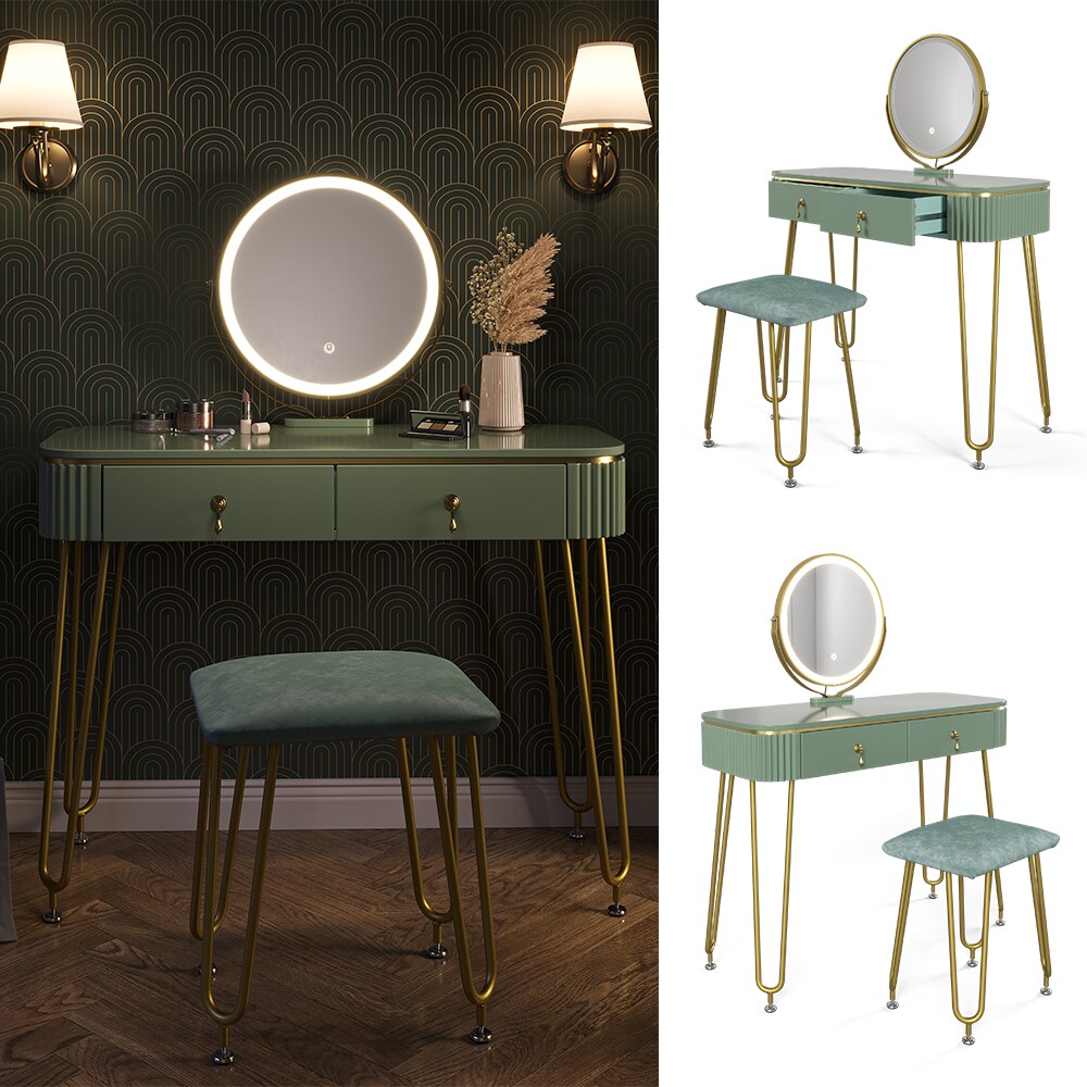 Vicco Schminktisch Frisiertisch Schminkkommode Grace Hellgr&uuml;n Hochglanz LED-Spiegel Hocker 100x126 cm modern Schlafzimmer Kommode Schublade Ablage Aufbewahrung Kosmetiktisch Schminkkonsole Make-Up-Tisch 