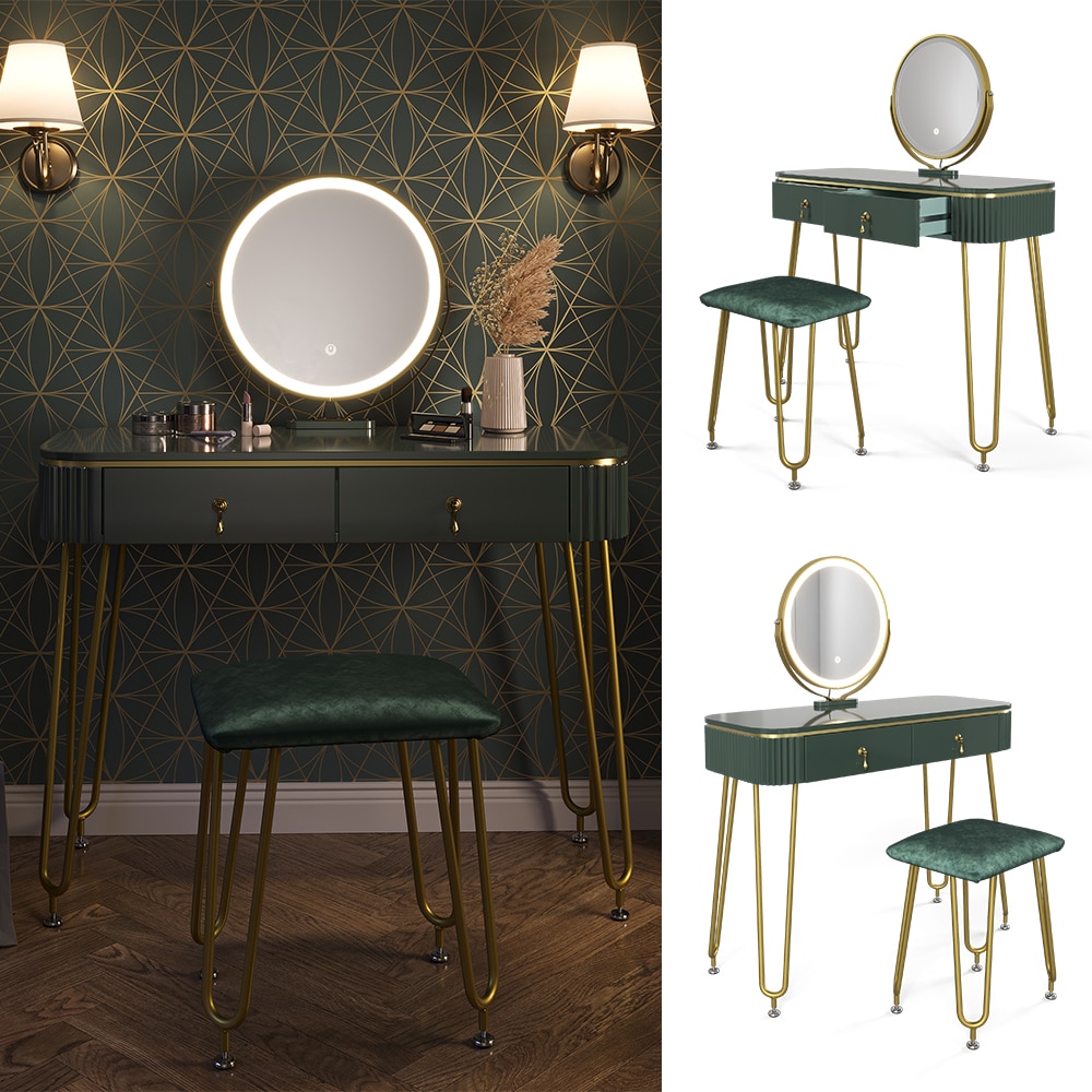 Vicco Schminktisch Frisiertisch Schminkkommode Grace Dunkelgr&uuml;n Hochglanz LED-Spiegel Hocker 100x126 cm modern Schlafzimmer Kommode Schublade Ablage Aufbewahrung Kosmetiktisch Schminkkonsole Make-Up-Tisch 