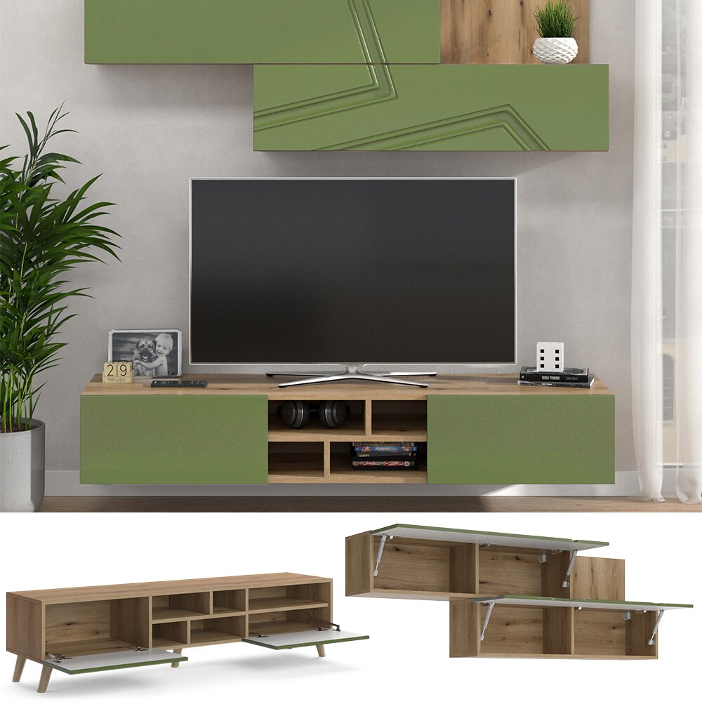 Vicco Wohnwand Lowboard H&auml;ngeschrank Jesse Eiche Gr&uuml;n 150x50 150x37 modern Wohnzimmer Schrank Wohnzimmerm&ouml;bel Fernsehregal Klappt&uuml;r Schrankfach M&ouml;belset 