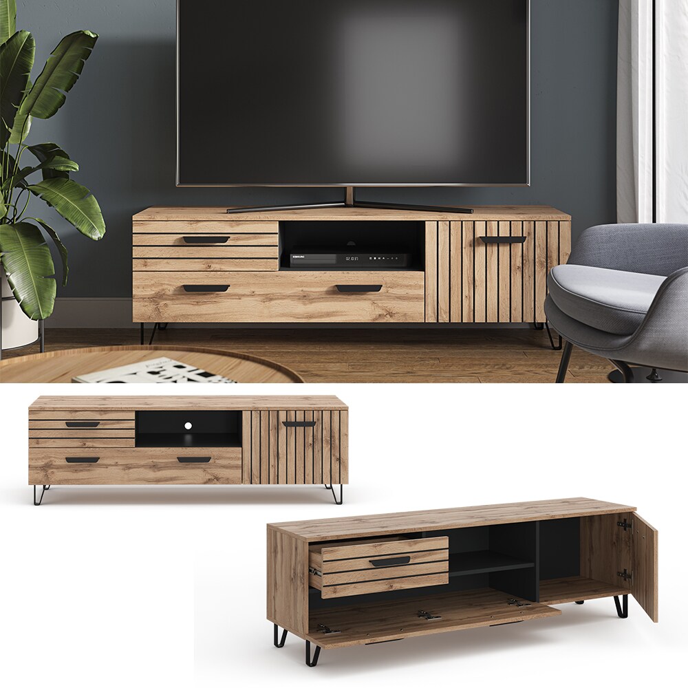 Vicco Lowboard TV-Regal Fernsehregal Amber Eiche 150x49 cm modern Wohnzimmer Regal TV-Tisch Fernsehtisch Wohnzimmertisch Ablage Klappt&uuml;r Schrankt&uuml;r Schrankfach Fernseher Holz-Optik 