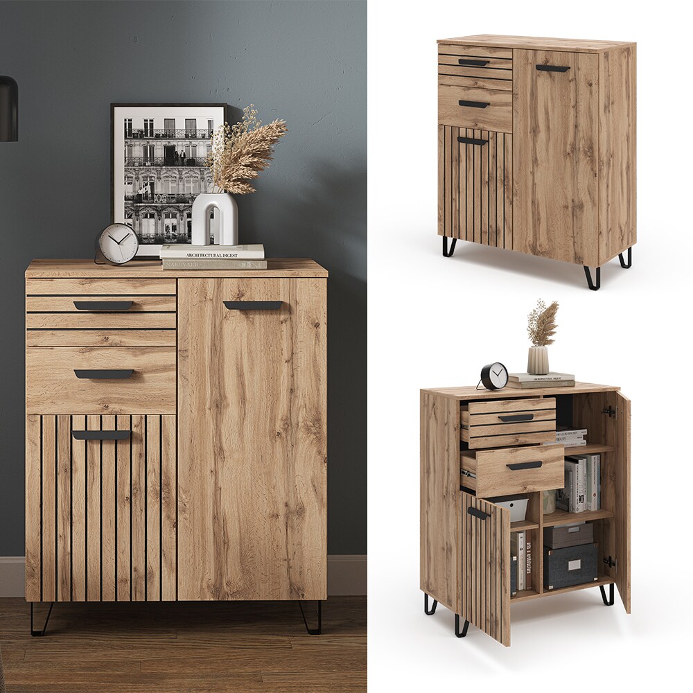 Vicco Kommode Mehrzweckschrank Universalschrank Amber Eiche 80x100 cm modern Wohnzimmer Schrank Flurschrank Schlafzimmerschrank Ablage Schrankschublade Schrankt&uuml;r Schrankfach Aufbewahrung 