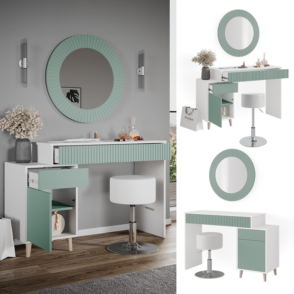 Vicco Schminktisch Frisiertisch Kosmetiktisch Arles Wei&szlig; Mintgr&uuml;n Schminkspiegel Hocker 120x77 cm Skandi Schlafzimmerkommode Schminkkommode Schublade Ablage Aufbewahrung Frisierkommode Make-Up-Tisch 
