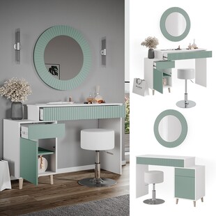 Vicco Schminktisch Frisiertisch Kosmetiktisch Arles Weiß Mintgrün Schminkspiegel Hocker 120x77 cm Skandi Schlafzimmerkommode Schminkkommode Schublade Ablage Aufbewahrung Frisierkommode Make-Up-Tisch 