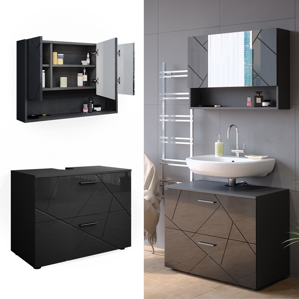 Vicco Badm&ouml;belset Irma Anthrazit Hochglanz modern 80 cm Badezimmerschrank Badschrank Badezimmerm&ouml;bel Waschtischunterschrank Spiegelschrank Schrankt&uuml;r Schrankfach Schrankschublade Ablage Aufbewahrung 