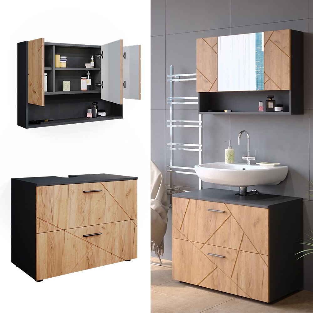 Vicco Badm&ouml;belset Irma Anthrazit Eiche modern 80 cm Badezimmerschrank Badschrank Badezimmerm&ouml;bel Waschtischunterschrank Spiegelschrank Schrankt&uuml;r Schrankfach Schrankschublade Ablage Aufbewahrung 