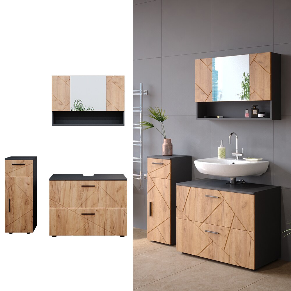 Vicco Badm&ouml;belset Irma Anthrazit Eiche modern 80 cm 30 cm Badezimmerschrank Badschrank Badezimmerm&ouml;bel Waschtischunterschrank Spiegelschrank Midischrank Schrankt&uuml;r Schrankfach Schrankschublade 