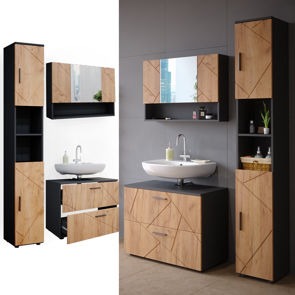 Vicco Badm&ouml;belset Irma Anthrazit Eiche modern 80 cm 30 cm Badezimmerschrank Badschrank Badezimmerm&ouml;bel Waschtischunterschrank Spiegelschrank Hochschrank Schrankt&uuml;r Schrankfach Schrankschublade 