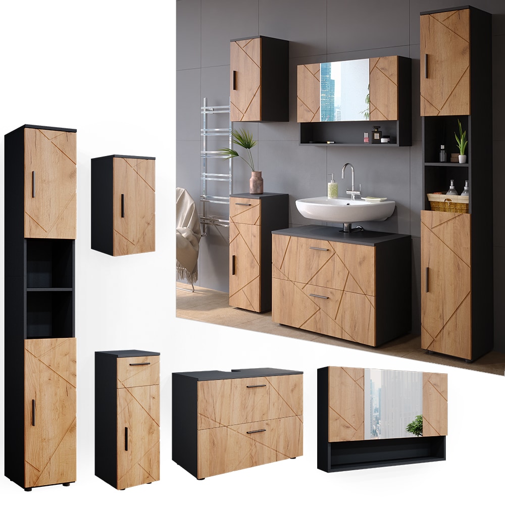 Vicco Badm&ouml;belset Irma Anthrazit Eiche modern 80 cm 30 cm Badezimmerschrank Badschrank Badezimmerm&ouml;bel Waschtischunterschrank Spiegelschrank Hochschrank Midischrank H&auml;ngeschrank T&uuml;r Schublade 