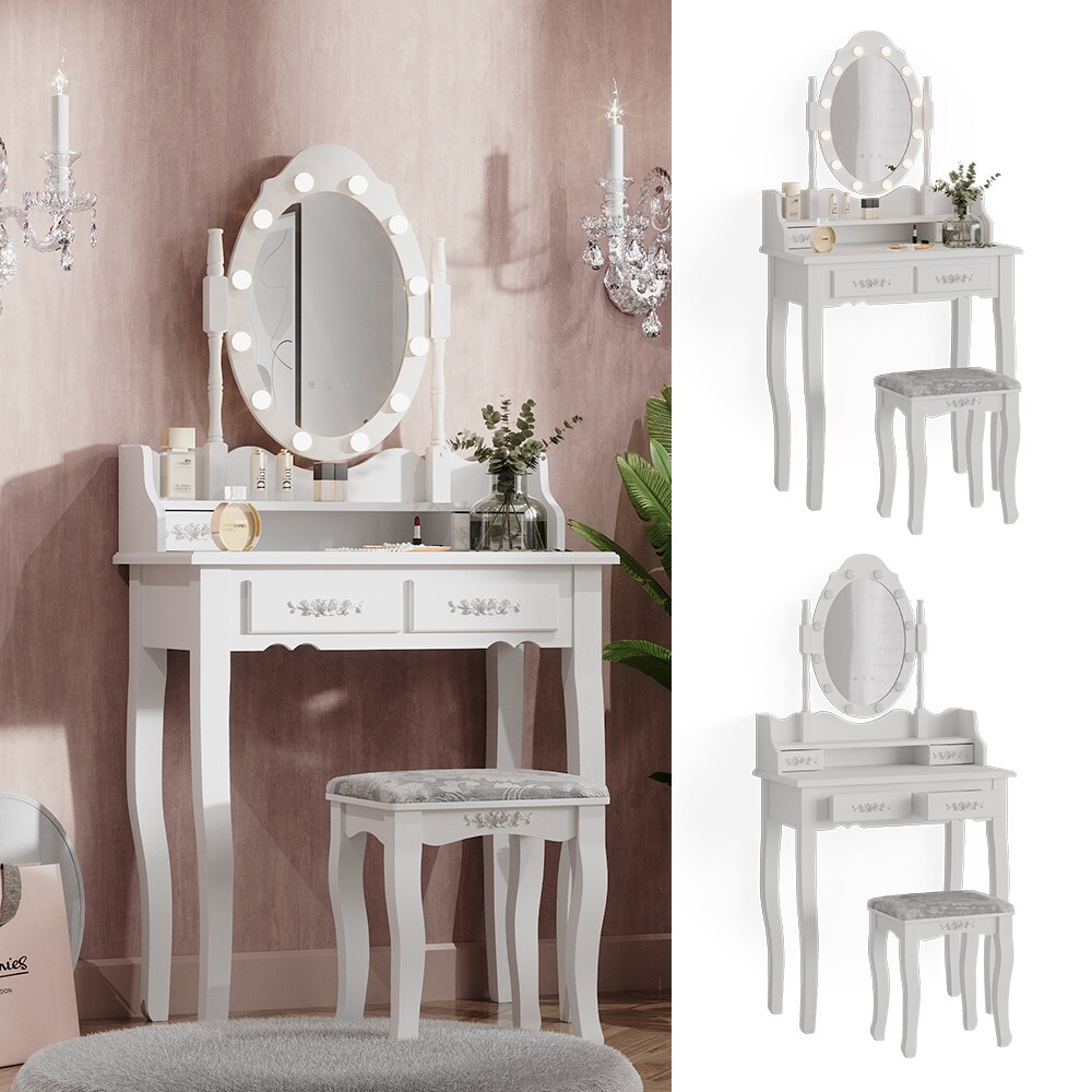 Vicco Schminktisch Frisiertisch Kosmetiktisch Maggie Wei&szlig; Schminkspiegel Hocker 75x147 Barock LED Beleuchtung Schlafzimmerkommode Schminkkommode Schublade Aufbewahrung Frisierkommode Make-Up-Tisch 