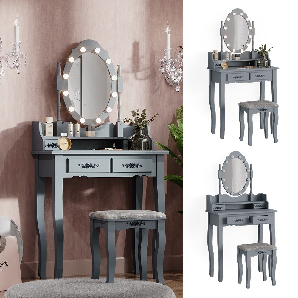 Vicco Schminktisch Frisiertisch Kosmetiktisch Maggie Grau Schminkspiegel Hocker 75x147 Barock LED Beleuchtung Schlafzimmerkommode Schminkkommode Schublade Aufbewahrung Frisierkommode Make-Up-Tisch 