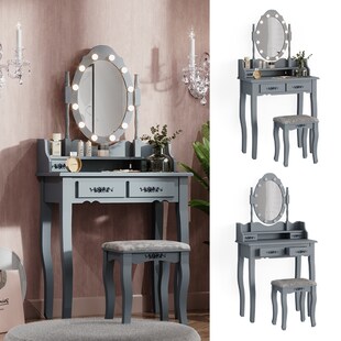 Vicco Schminktisch Frisiertisch Kosmetiktisch Maggie Grau Schminkspiegel Hocker 75x147 Barock LED Beleuchtung Schlafzimmerkommode Schminkkommode Schublade Aufbewahrung Frisierkommode Make-Up-Tisch 