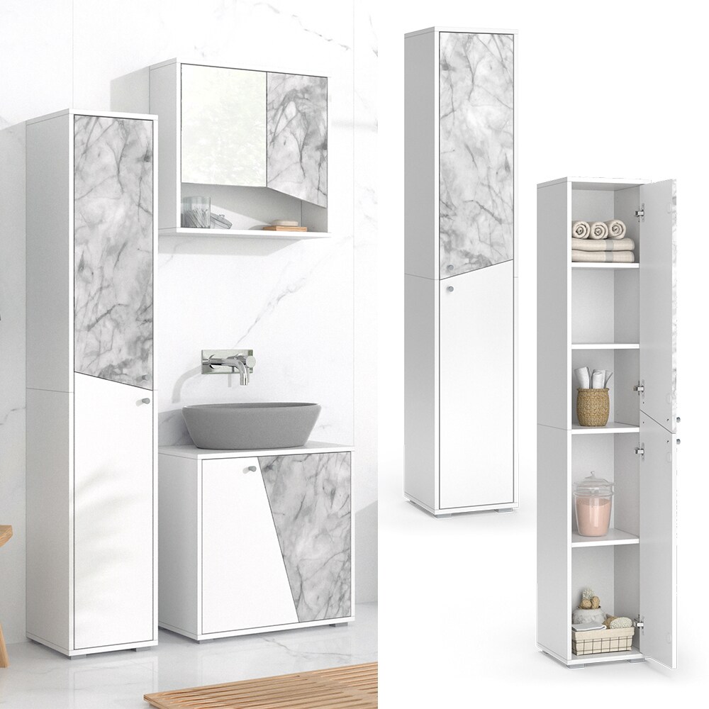 Vicco Hochschrank Badschrank Badezimmerm&ouml;bel Irida Wei&szlig; Marmor-Optik modern 30x162 Badezimmer Schrank Badm&ouml;bel Schrankt&uuml;r Schrankfach Ablage Aufbewahrung 