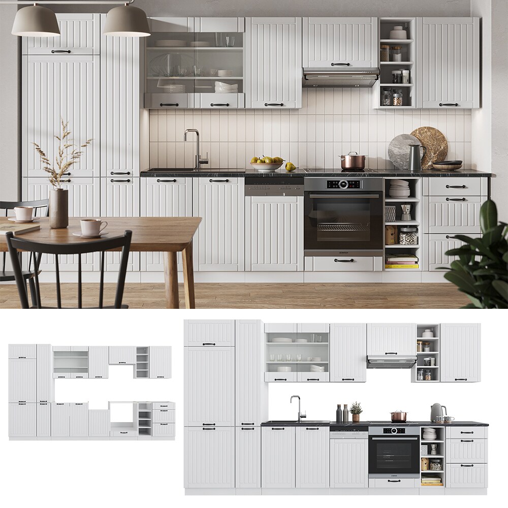 Vicco K&uuml;chenzeile K&uuml;chenblock Einbauk&uuml;che Fame-Line Landhaus Wei&szlig; 355 cm Sp&uuml;lenunterschrank Herdumbauschrank Schubunterschrank H&auml;ngeschrank K&uuml;hlumbauschrank Apothekerhochschrank 