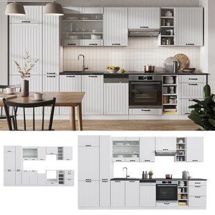 Vicco Küchenzeile Küchenblock Einbauküche Fame-Line Landhaus Weiß 355 cm Spülenunterschrank Herdumbauschrank Schubunterschrank Hängeschrank Kühlumbauschrank Apothekerhochschrank 