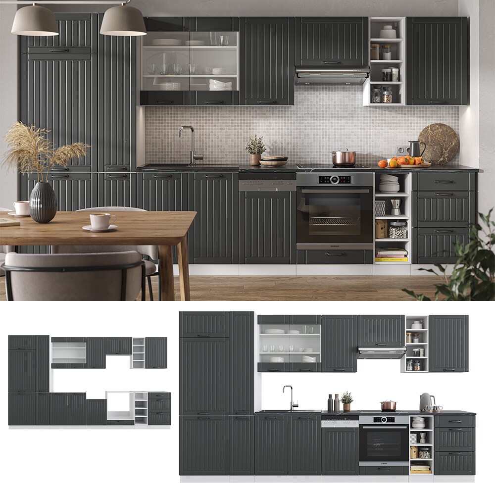 Vicco K&uuml;chenzeile K&uuml;chenblock Einbauk&uuml;che Fame-Line Landhaus Wei&szlig; Dunkelgrau 355 cm Sp&uuml;lenunterschrank Herdumbauschrank Schubunterschrank H&auml;ngeschrank K&uuml;hlumbauschrank Apothekerhochschrank 