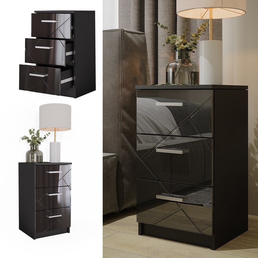 Vicco Nachtkommode Nachttisch Nachtschrank Irma Schwarz Hochglanz 38x66 modern Einzel Schlafzimmer Schrank Beistellschrank Nachtkonsole Nachttischchen Schlafzimmerm&ouml;bel Schrankschublade Aufbewahrung 