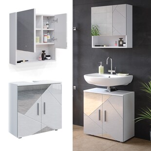 Vicco Badmöbelset mit Dekospiegeln Irma Weiß Hochglanz modern Badezimmerschrank Badschrank Badezimmermöbel Waschtischunterschrank Spiegelschrank Schranktür Schrankfach Schrankschublade 