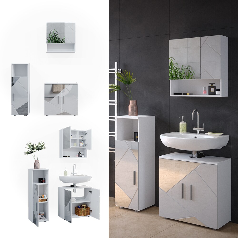 Vicco Badm&ouml;belset mit Dekospiegeln Irma Wei&szlig; Hochglanz modern Badezimmerschrank Badschrank Badezimmerm&ouml;bel Waschtischunterschrank Spiegelschrank Midischrank Schrankt&uuml;r Schrankfach Schrankschublade 