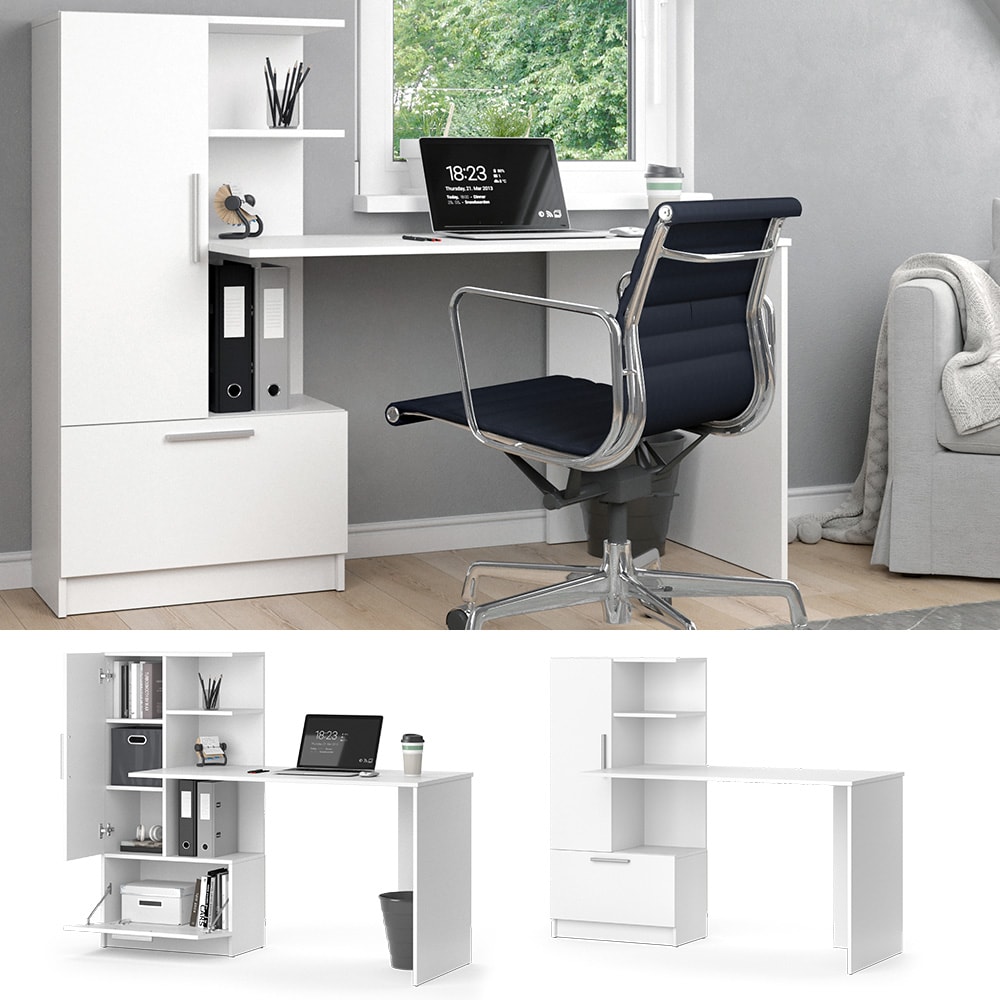 Vicco Arbeitstisch Schreibtisch B&uuml;rotisch Tomy Wei&szlig; 150x120 modern Computertisch PC-Tisch Arbeitszimmer Homeoffice B&uuml;rom&ouml;bel Computerm&ouml;bel Schrankschublade Schrankt&uuml;r Regalanbau 