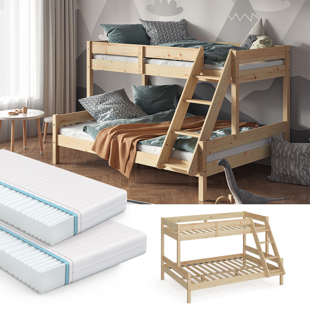 VitaliSpa Hochbett Kinderbett Spielbett Everest Natur modern 140x200 Massivholz Kinderzimmer Bett Lattenrost Bettleiter Kletterbett Doppelbett Geschwisterbett Matratze 