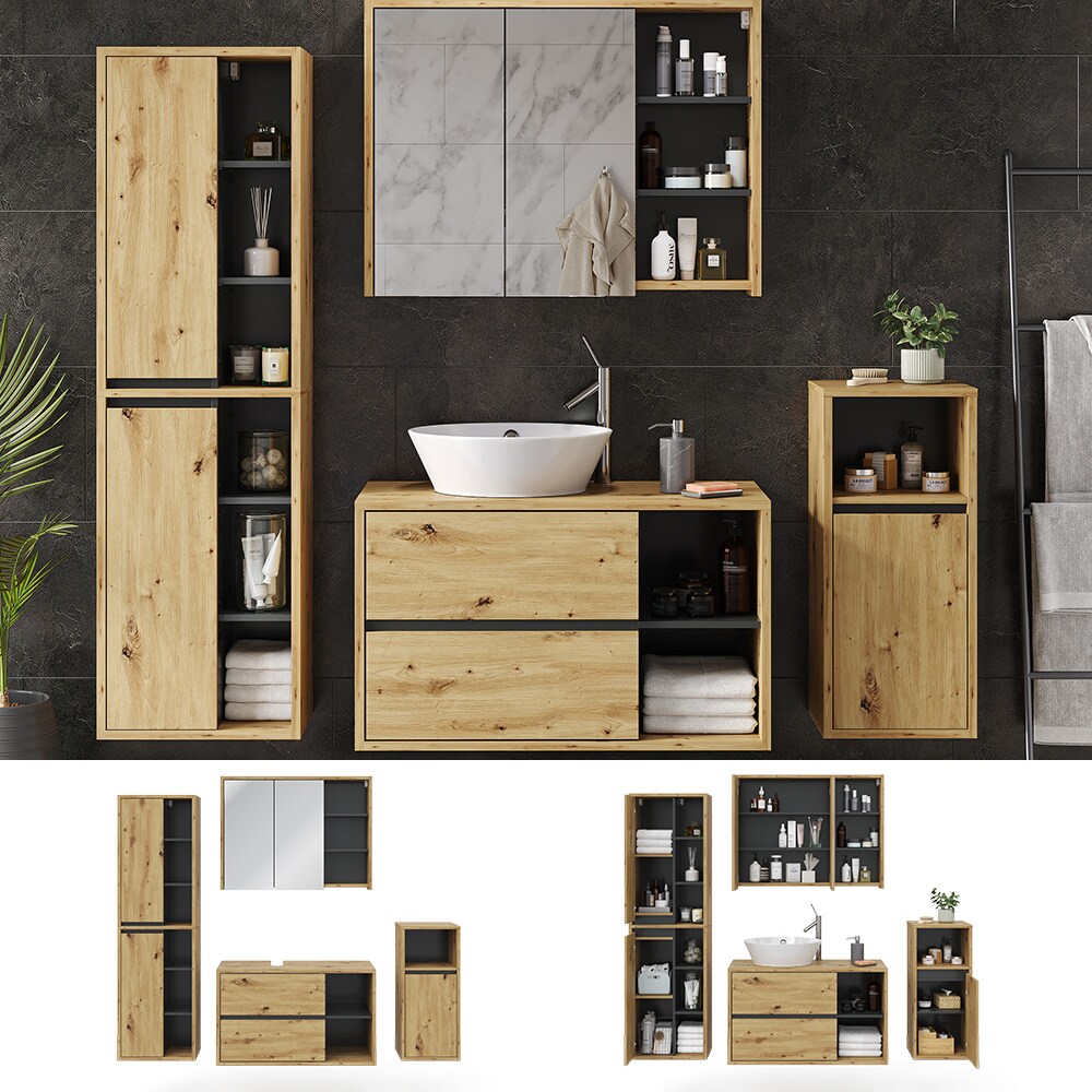 Vicco Badm&ouml;belset Viola Eiche Anthrazit modern Badezimmerschrank Badschrank Badezimmerm&ouml;bel Waschtischunterschrank Spiegelschrank Midischrank Hochschrank Schrankt&uuml;r Schrankfach Ablage Aufbewahrung 