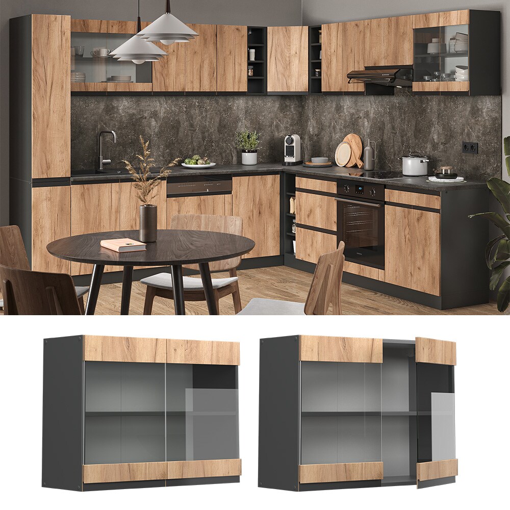 Vicco Glash&auml;ngeschrank K&uuml;chenschrank K&uuml;chenm&ouml;bel R-Line J-Shape Anthrazit Eiche 80 cm modern 