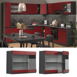Vicco Glashängeschrank Küchenschrank Küchenmöbel R-Line J-Shape Anthrazit Rot 80 cm modern 