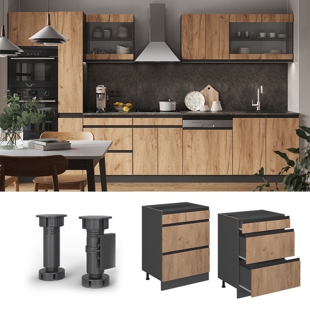 Vicco Schubladenunterschrank K&uuml;chenschrank K&uuml;chenm&ouml;bel R-Line J-Shape Anthrazit Eiche 60 cm modern 