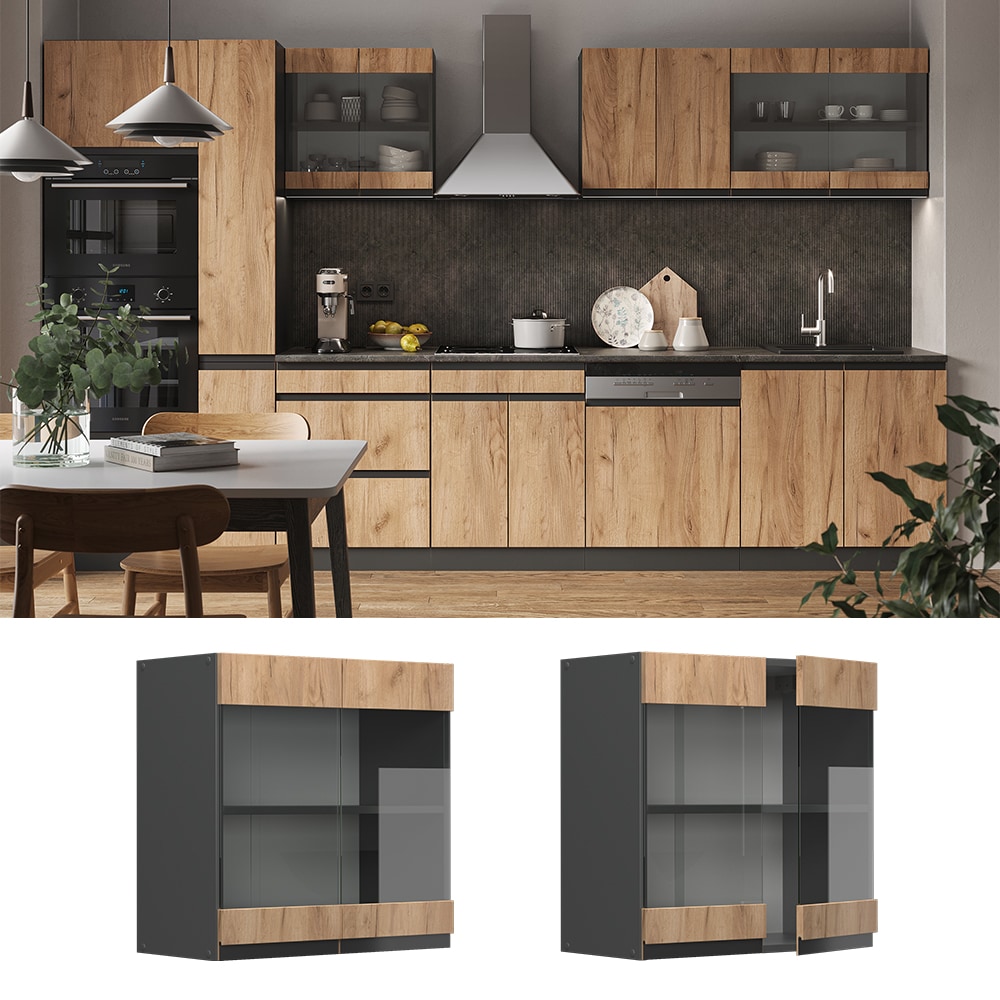 Vicco Glash&auml;ngeschrank K&uuml;chenschrank K&uuml;chenm&ouml;bel R-Line J-Shape Anthrazit Eiche 60 cm modern 