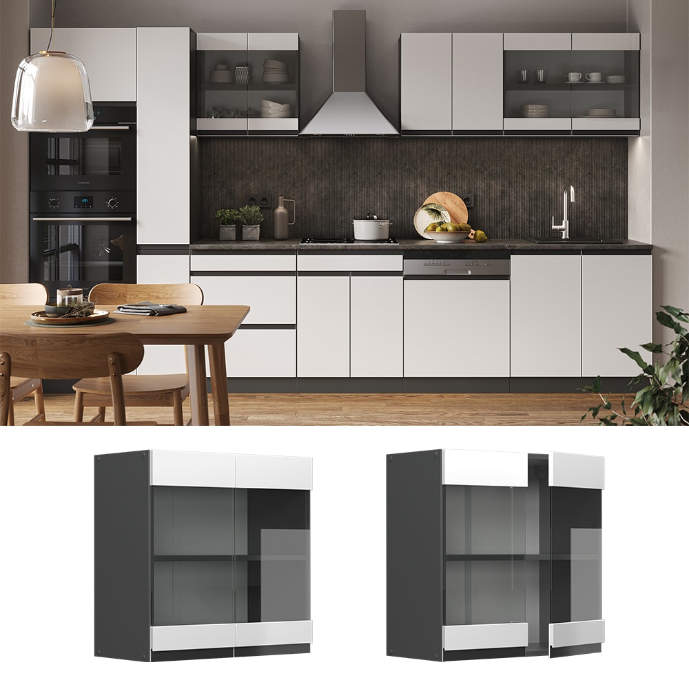 Vicco Glash&auml;ngeschrank K&uuml;chenschrank K&uuml;chenm&ouml;bel R-Line J-Shape Anthrazit Wei&szlig; 60 cm modern 