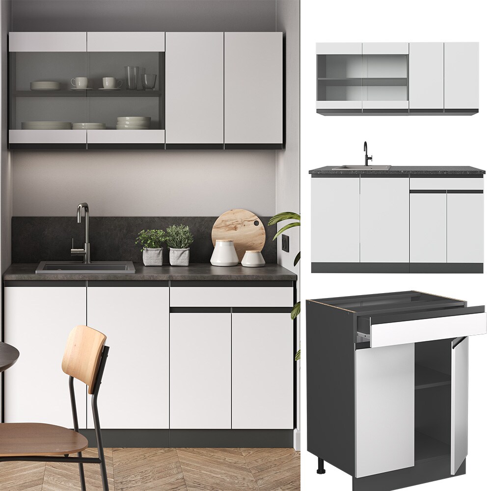 Vicco K&uuml;chenzeile K&uuml;chenblock Einbauk&uuml;che R-Line J-Shape Anthrazit Wei&szlig; 140 cm modern K&uuml;chenschr&auml;nke K&uuml;chenm&ouml;bel 