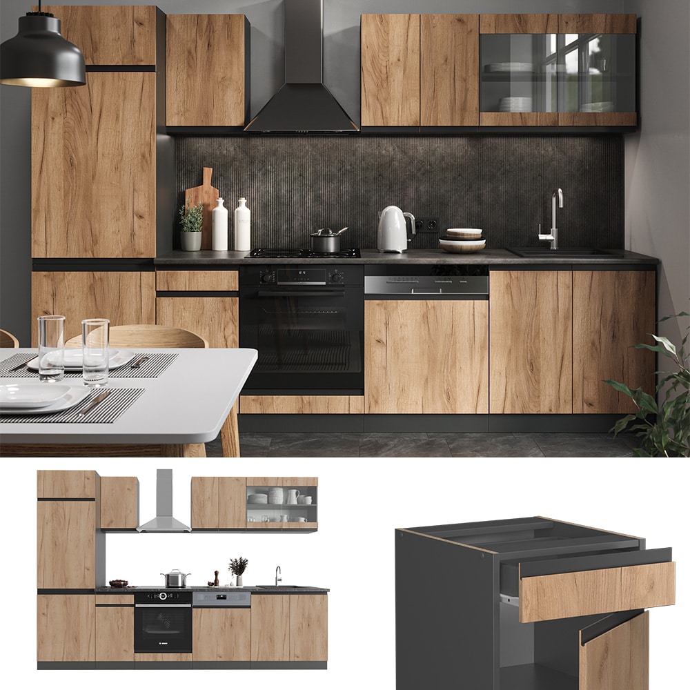 Vicco K&uuml;chenzeile K&uuml;chenblock Einbauk&uuml;che R-Line J-Shape Anthrazit Eiche 300 cm modern K&uuml;chenschr&auml;nke K&uuml;chenm&ouml;bel 