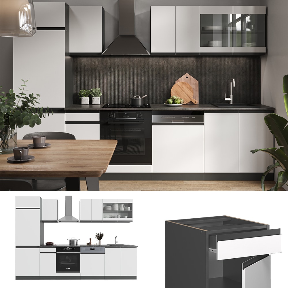 Vicco K&uuml;chenzeile K&uuml;chenblock Einbauk&uuml;che R-Line J-Shape Anthrazit Wei&szlig; 300 cm modern K&uuml;chenschr&auml;nke K&uuml;chenm&ouml;bel 