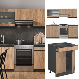 Vicco Küchenzeile Küchenblock Einbauküche R-Line J-Shape Anthrazit Eiche 200 cm modern Küchenschränke Küchenmöbel 