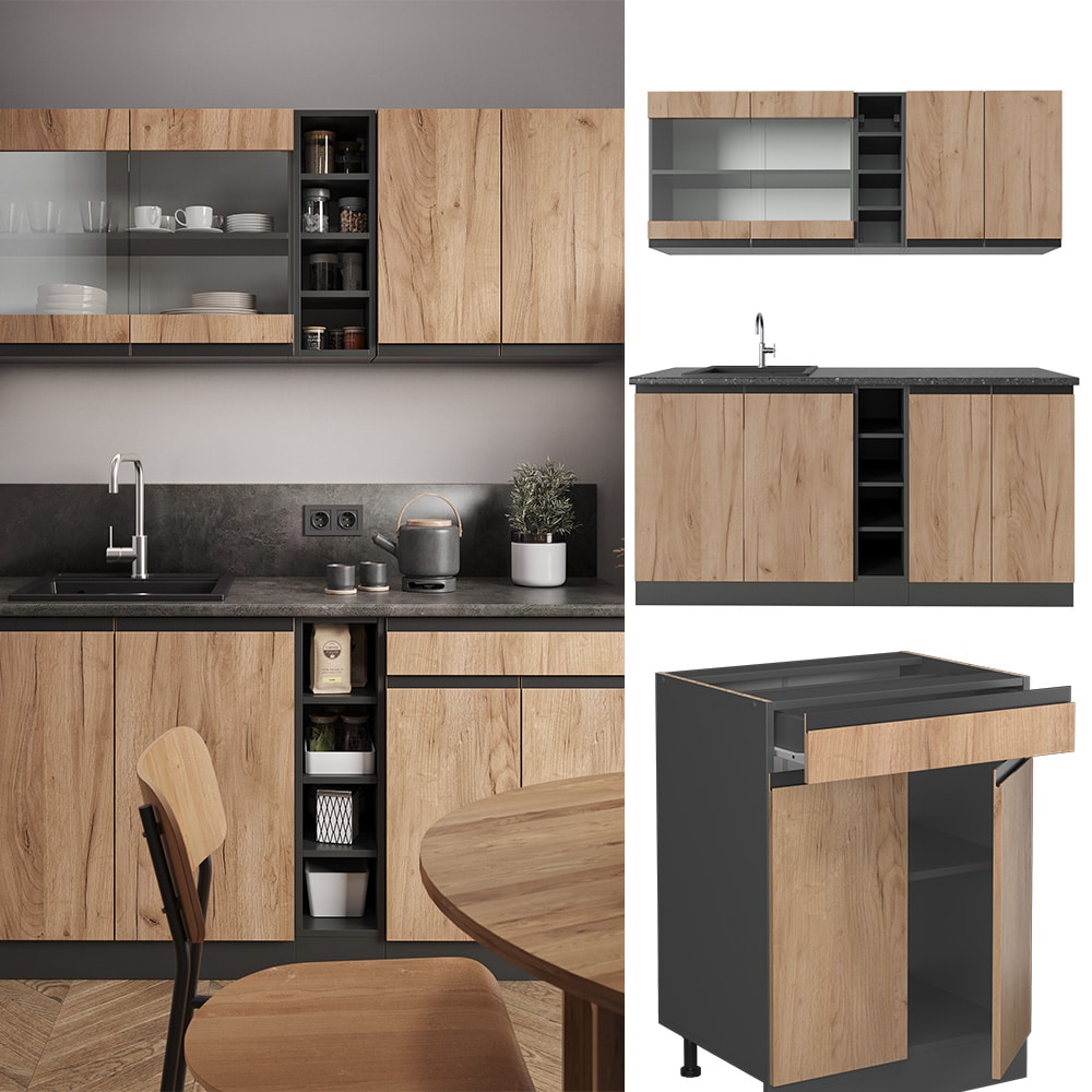 Vicco K&uuml;chenzeile K&uuml;chenblock Einbauk&uuml;che R-Line J-Shape Anthrazit Eiche 160 cm modern K&uuml;chenschr&auml;nke K&uuml;chenm&ouml;bel 